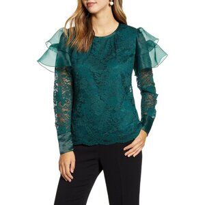 Rachel Parcell Top Green Lace Flutter Sleeve Blouse NWT